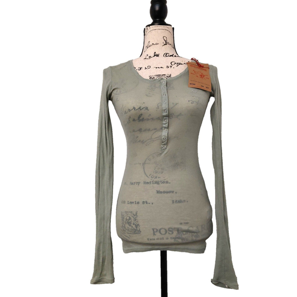 True Religion Long Sleeve Crystal Kristen Green Cotton Henley Shirt XS NWT $78 - Picture 4 of 12
